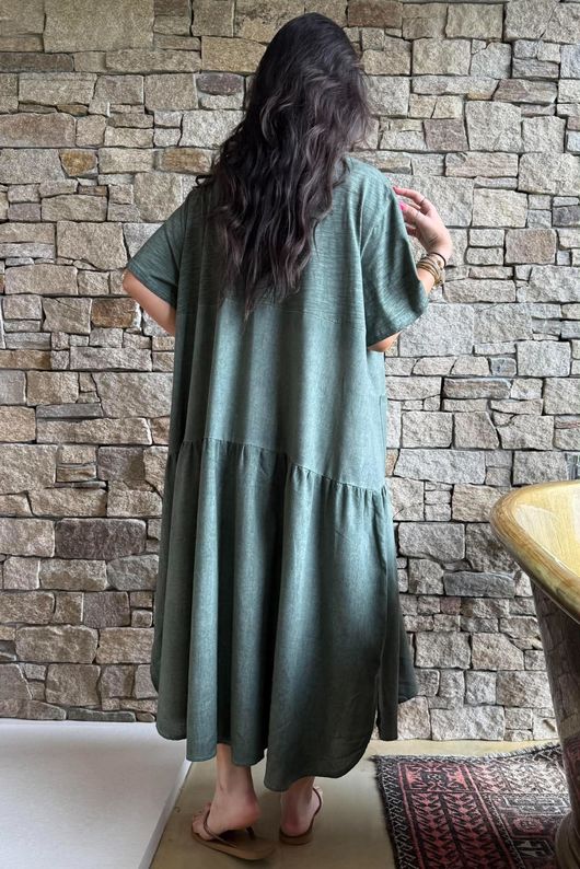 Rustic Nature Linen Blend Smock T Shirt Dress Washed Moss
